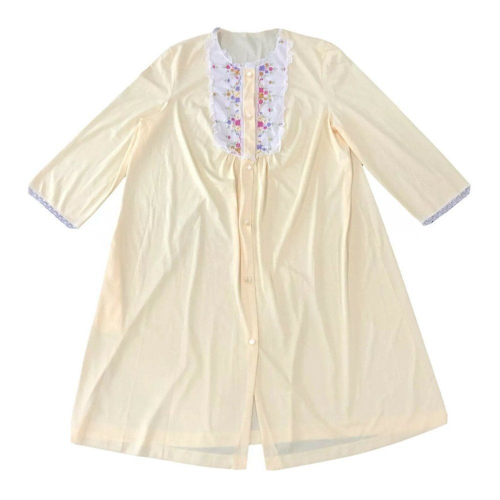 Vintage Vanity Fair Size 38 Yellow Button Nylon Robe Embroidered Grannycore